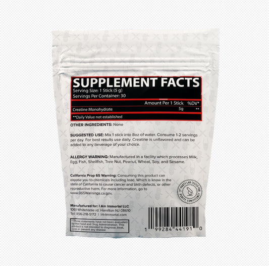 I Am Immortal Creatine Monohydrate 30 Stick Packs back