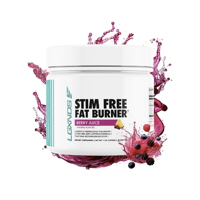 White container labeled 'Stim Free Fat Burner' with berry juice splash and fruits.