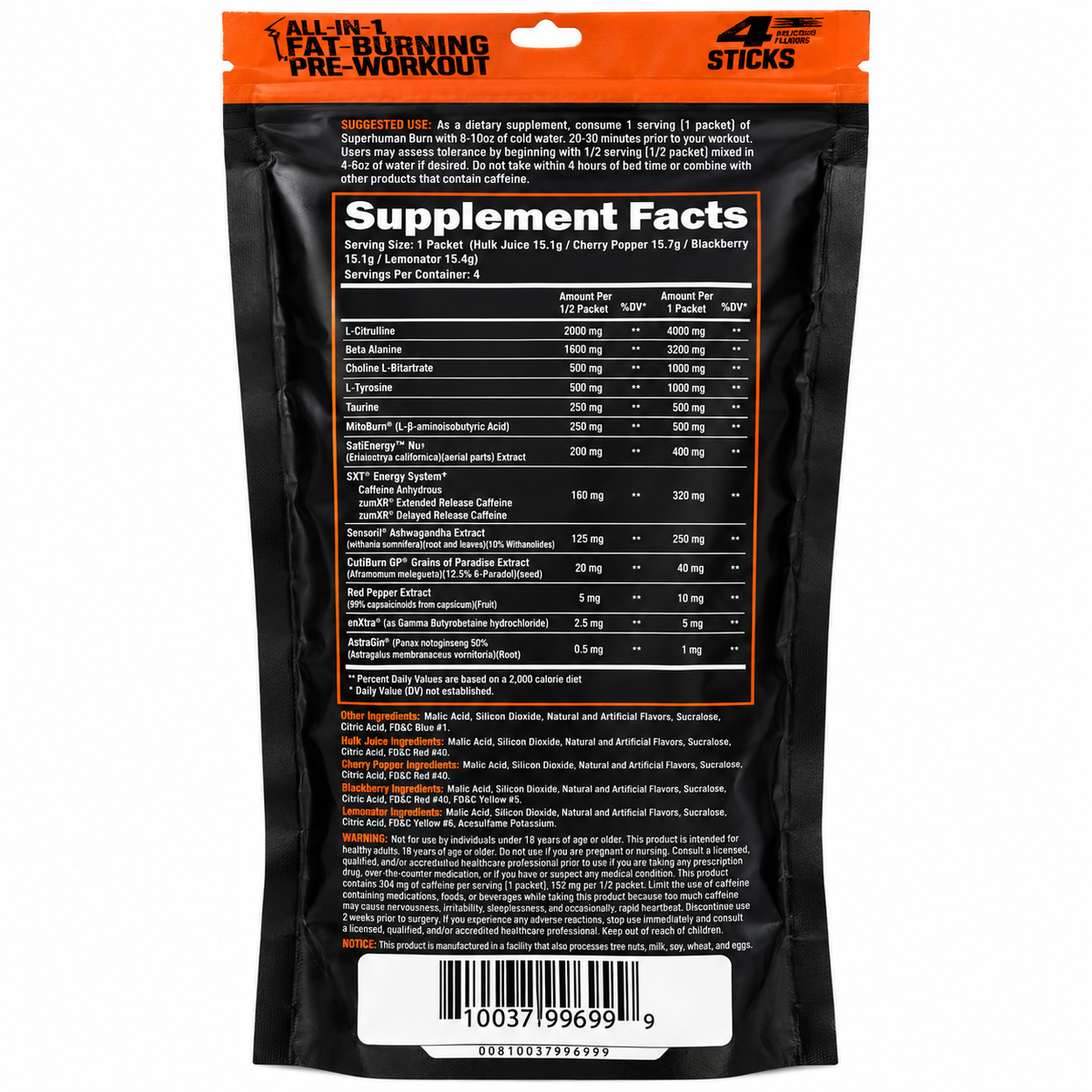 Super Human Burn 4-IN-1 FAT BURNNING PRE WORKOUT STICK PACKS