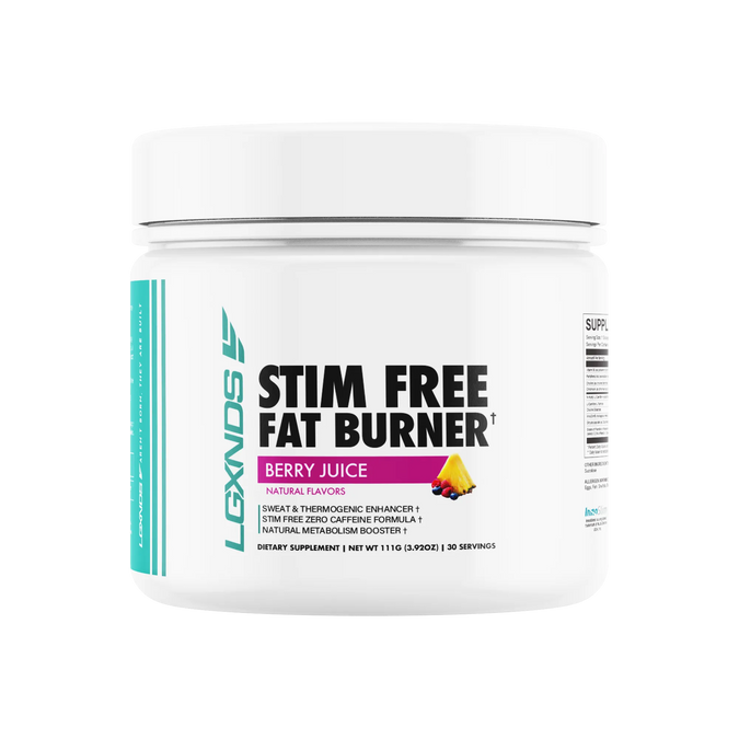 White container labeled 'Stim Free Fat Burner' with berry juice flavor.