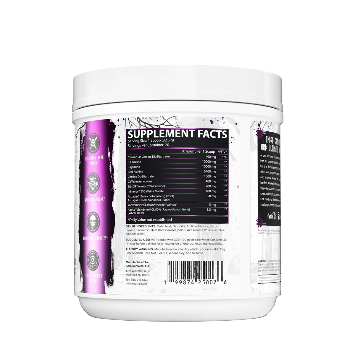 I Am Immortal High Stim Pre-Workout Berserker Grape Juice back label