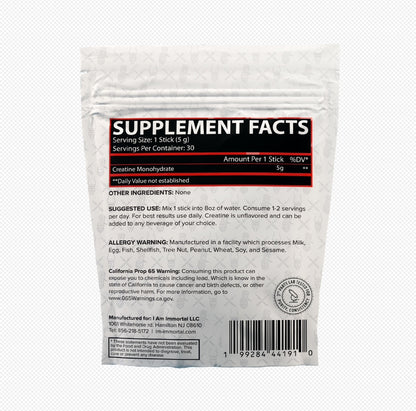 I Am Immortal Creatine Monohydrate 30 Stick Packs back