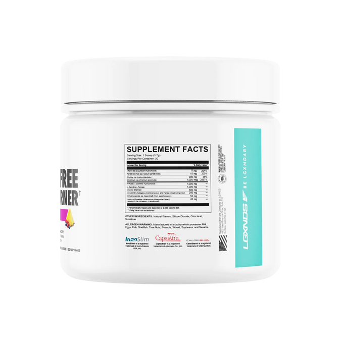 White supplement container with nutritional facts label and branding.